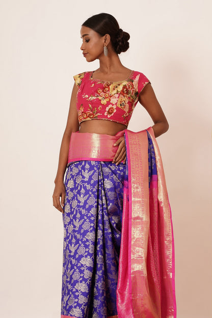 Bright Blue Dharmavaram Saree with Pink Border and Digitally Printed Blouse