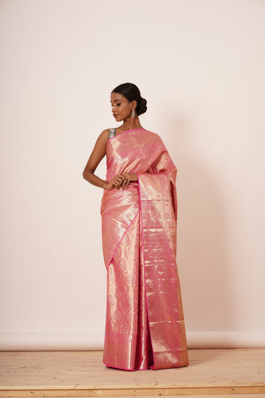 Onion Pink Dharmavaram Silk Saree with Deep Blue Digitally Printed Blouse