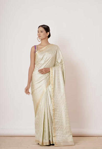 Ivory Banarasi Silk Saree with Violet Gold Zari Embroidered Blouse