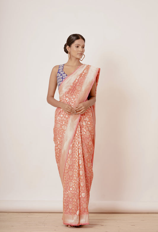 Light Peach Banarasi Silk Saree with Blue Blouse