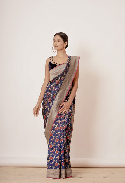 Navy Blue Banarasi Silk Saree with all over Floral Jacquard with Black Velvet Blouse