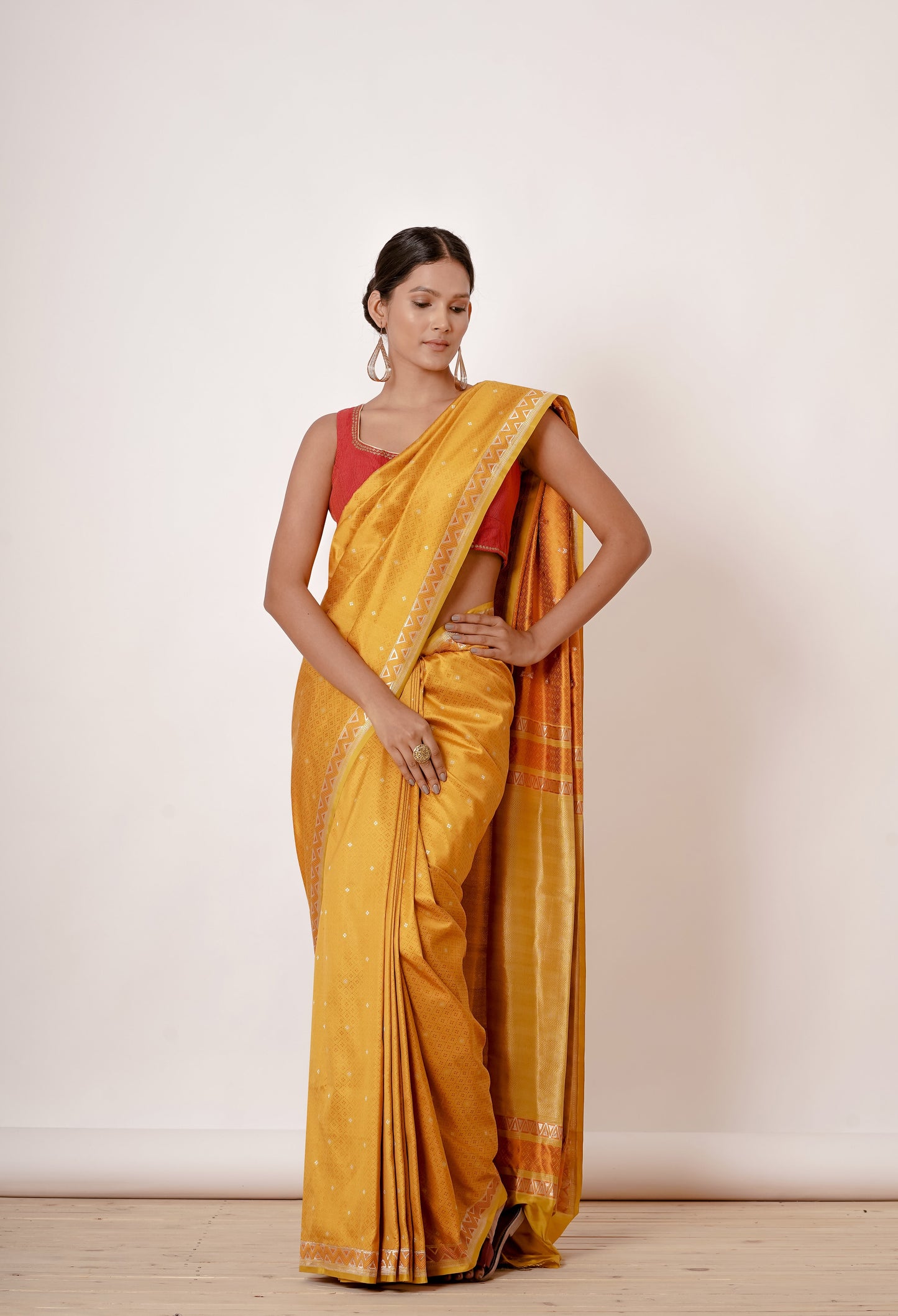 Mustard Yellow Banarasi Silk Saree Red Blouse