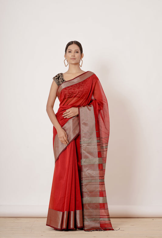 Chilli Red Maheshwari Silk Saree with thick Zari Lehar Border