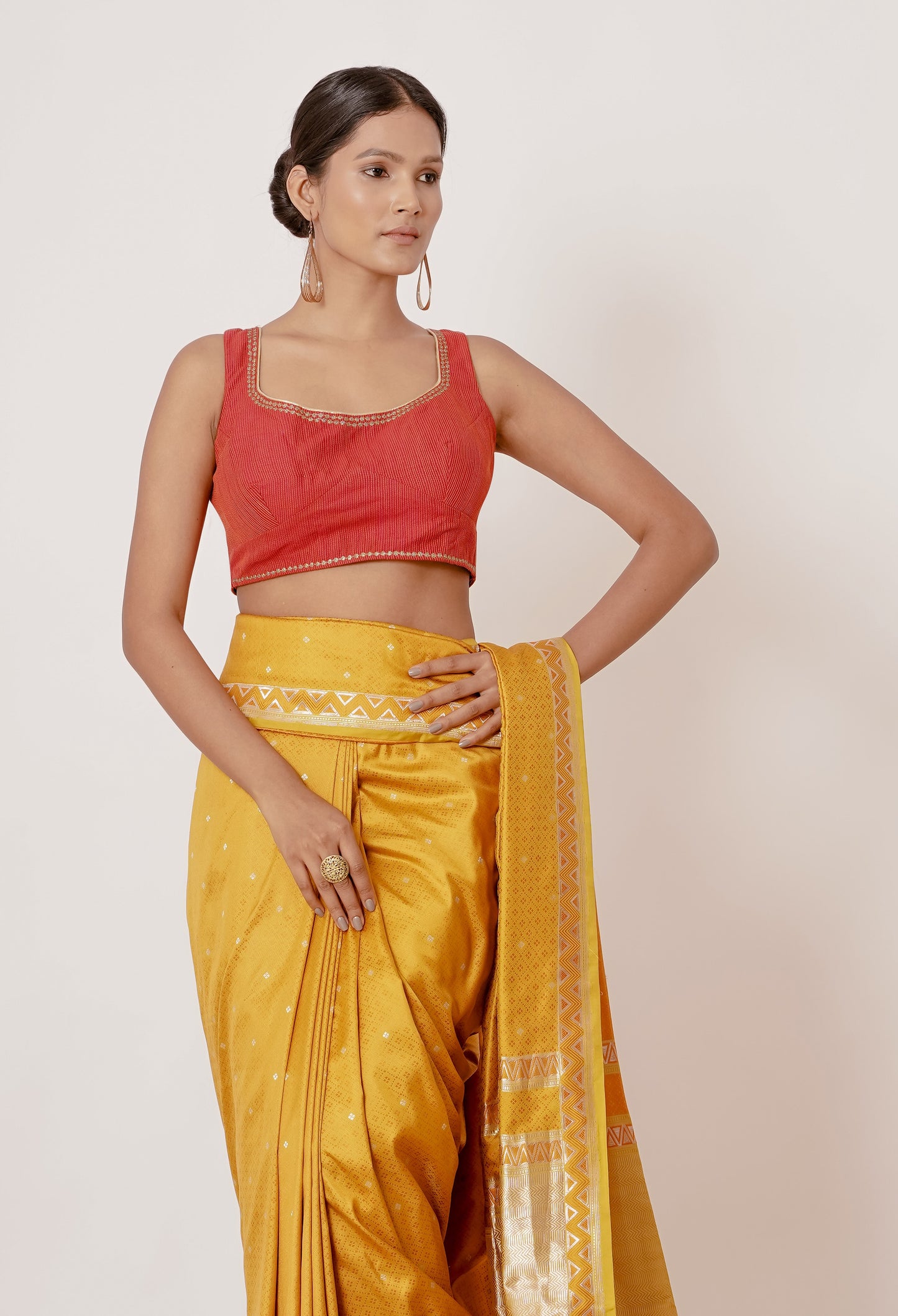 Mustard Yellow Banarasi Silk Saree Red Blouse