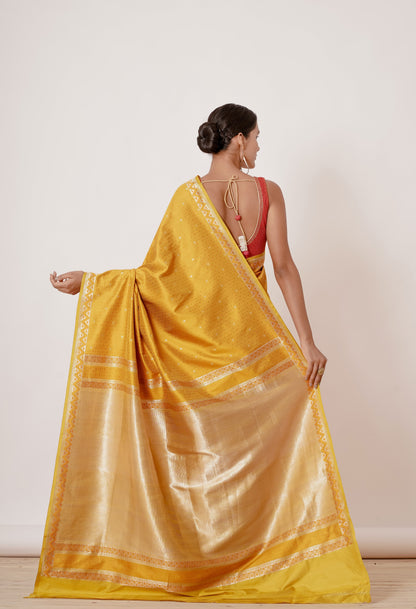 Mustard Yellow Banarasi Silk Saree Red Blouse