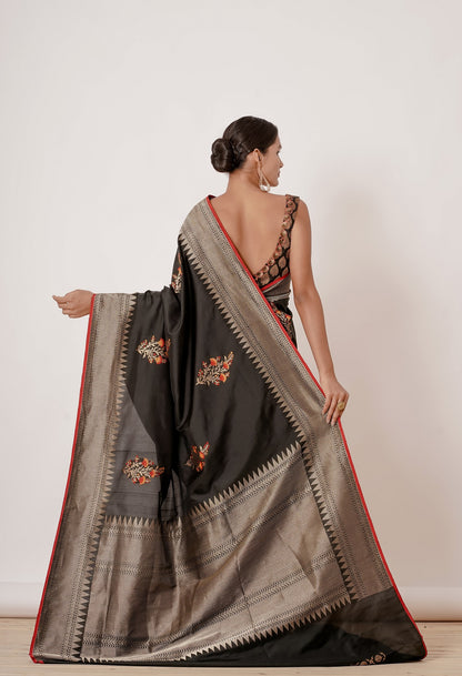 Black Banarasi Silk Saree with Floral Motifs all over and Black Brocade Blouse