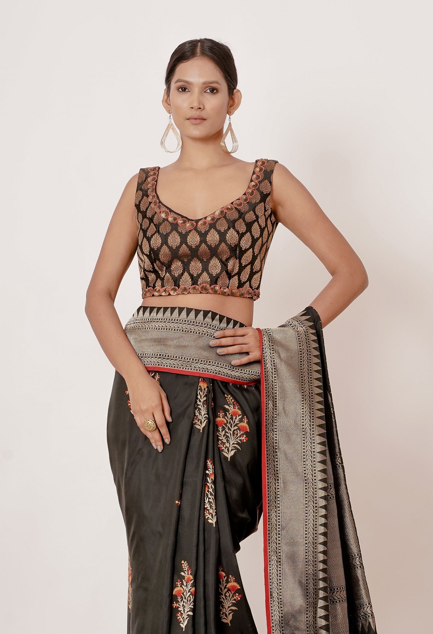 Black Banarasi Silk Saree with Floral Motifs all over and Black Brocade Blouse