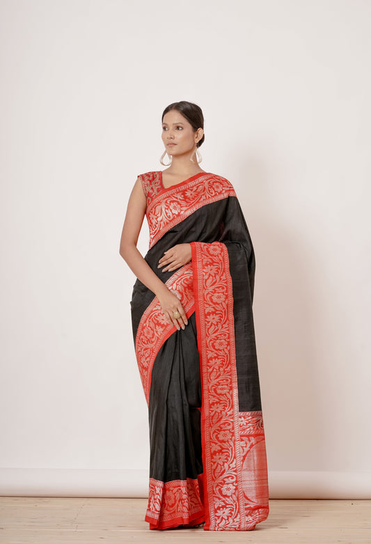 Black Banarasi Silk Saree with Thick Red Border and Red Blouse