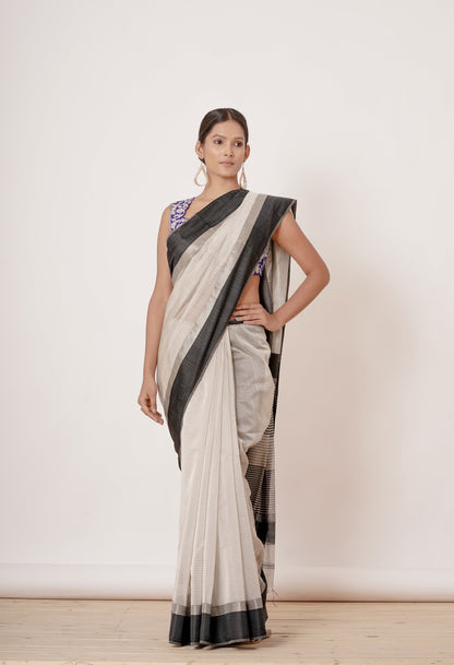 black ivory and silver maheshwari silk saree with dark blue blouse