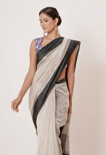 black ivory and silver maheshwari silk saree with dark blue blouse