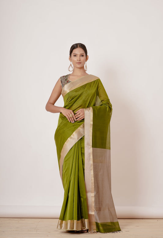 Olive Green Maheshwari Saree with Brocade Blouse