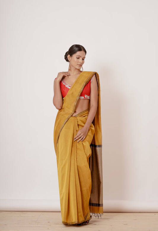 Gold Maheshwari Silk Saree with Red Backless Blouse