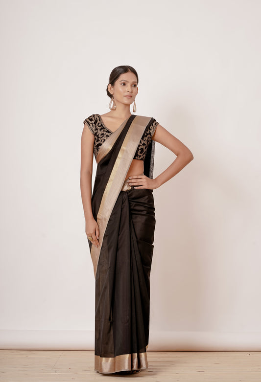 Black Maheshwari Silk Saree with Black Blouse