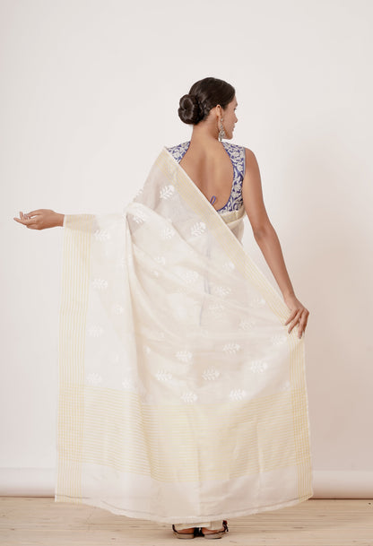 Cream Jamdani Saree with Blue Blouse