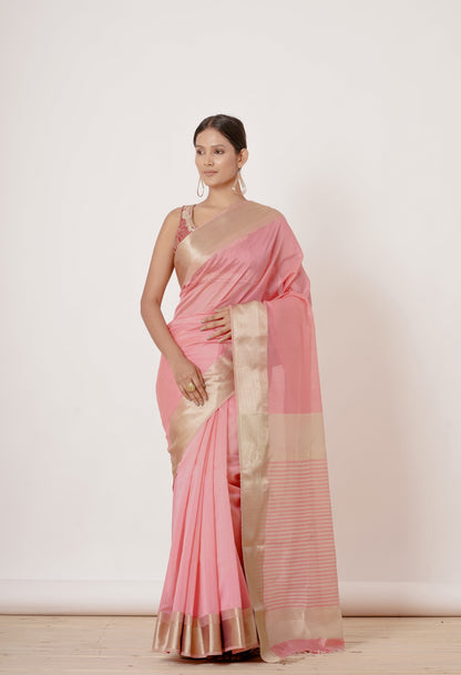 Pink Maheshwari Saree with Thick Gold Border