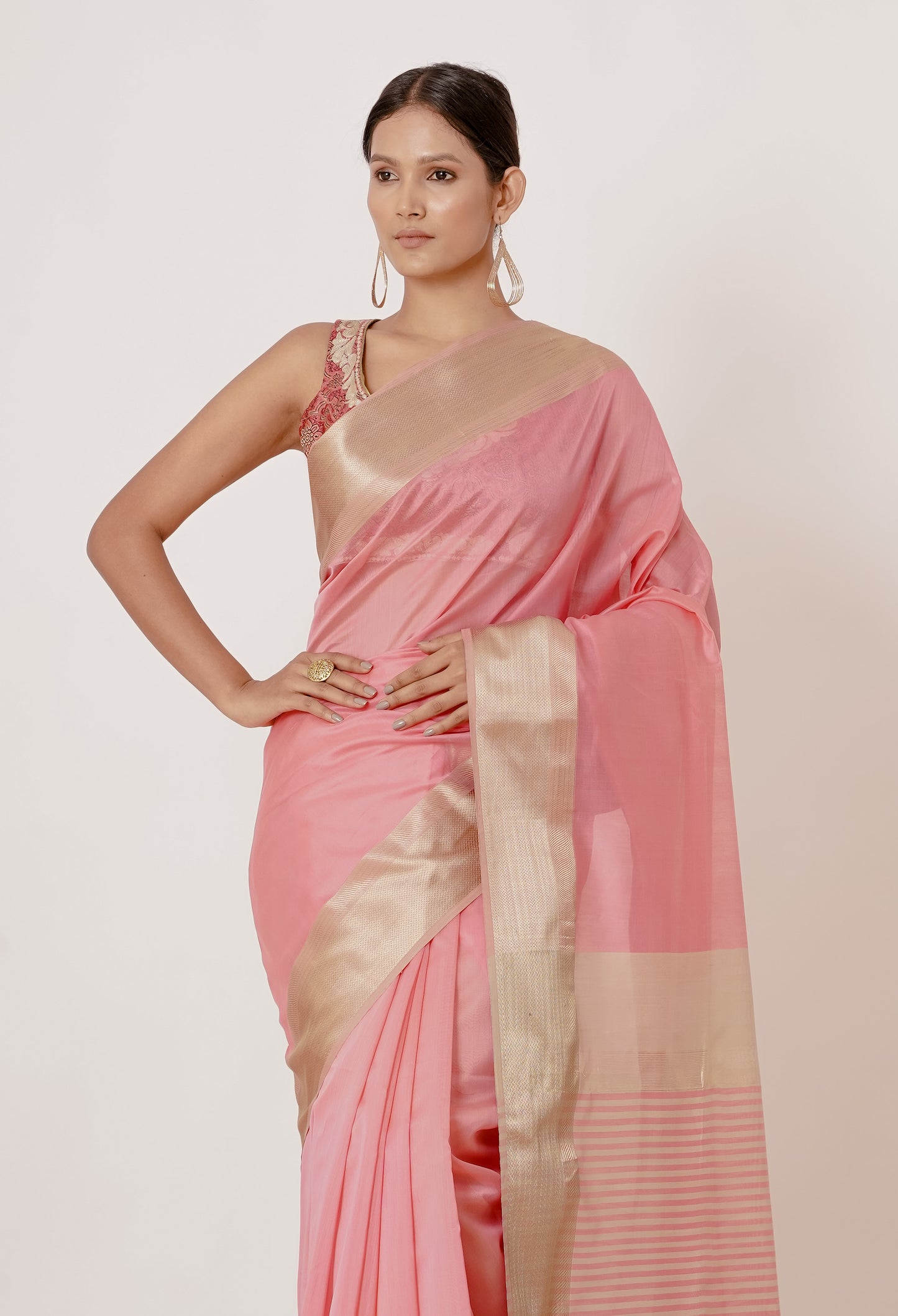 Pink Maheshwari Saree with Thick Gold Border