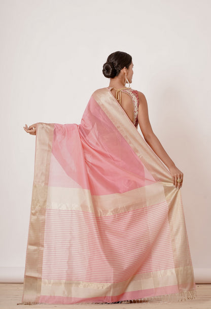 Pink Maheshwari Saree with Thick Gold Border