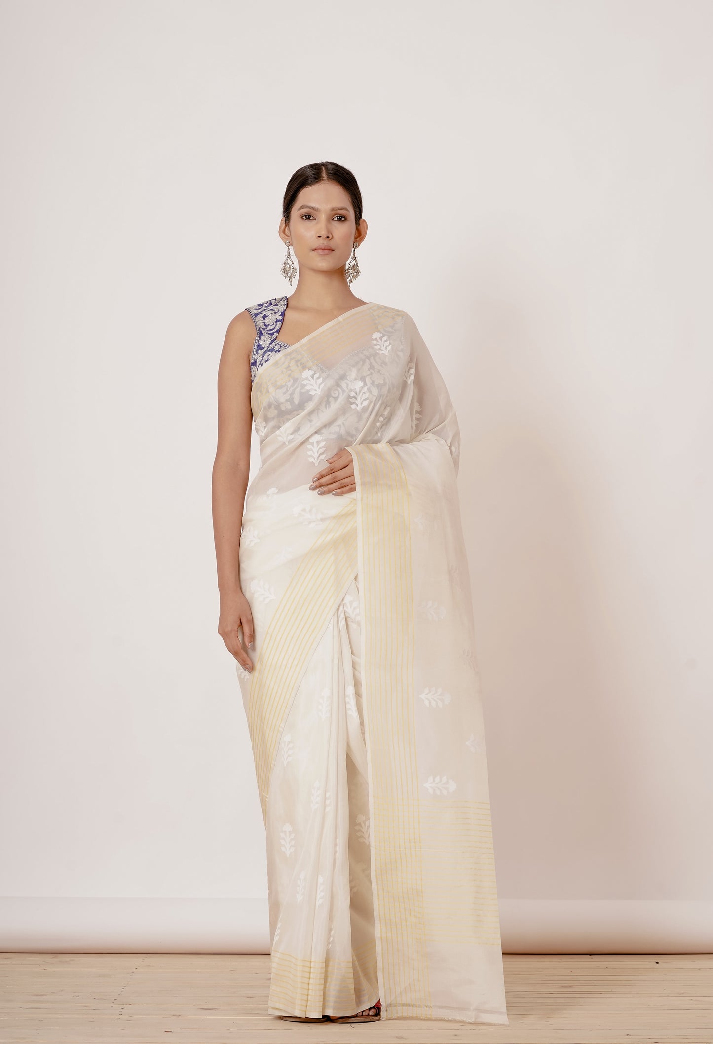 Cream Jamdani Saree with Blue Blouse