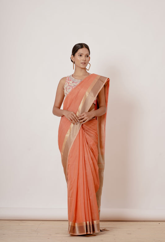 Coral Coloured Maheshwari Silk Saree with a Peach Blouse