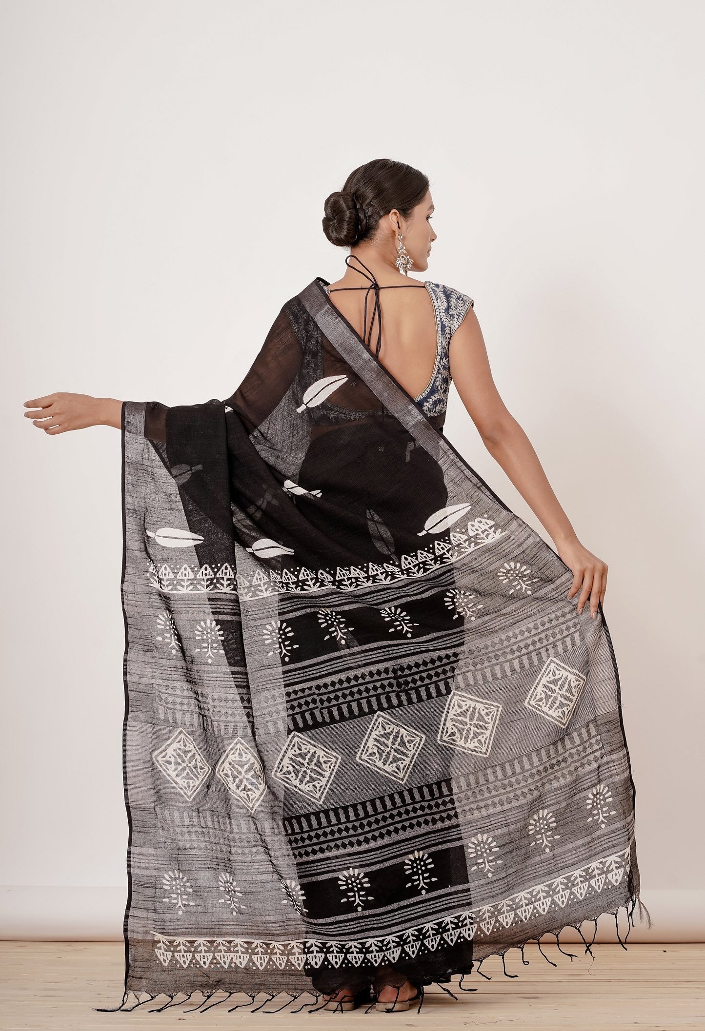 Black Hand Block Printed Linen Sari with Dark Blue Blouse