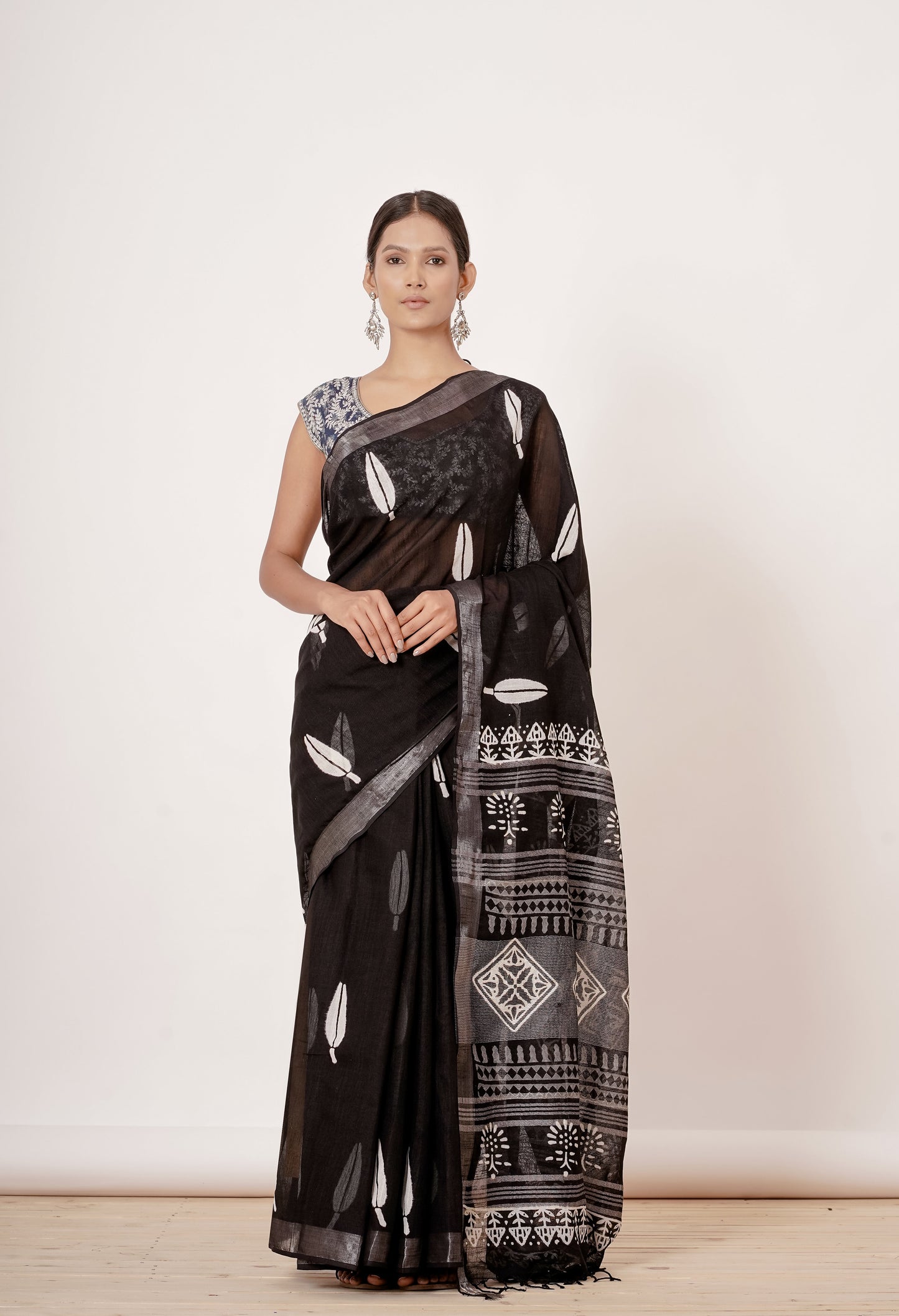 Black Hand Block Printed Linen Sari with Dark Blue Blouse