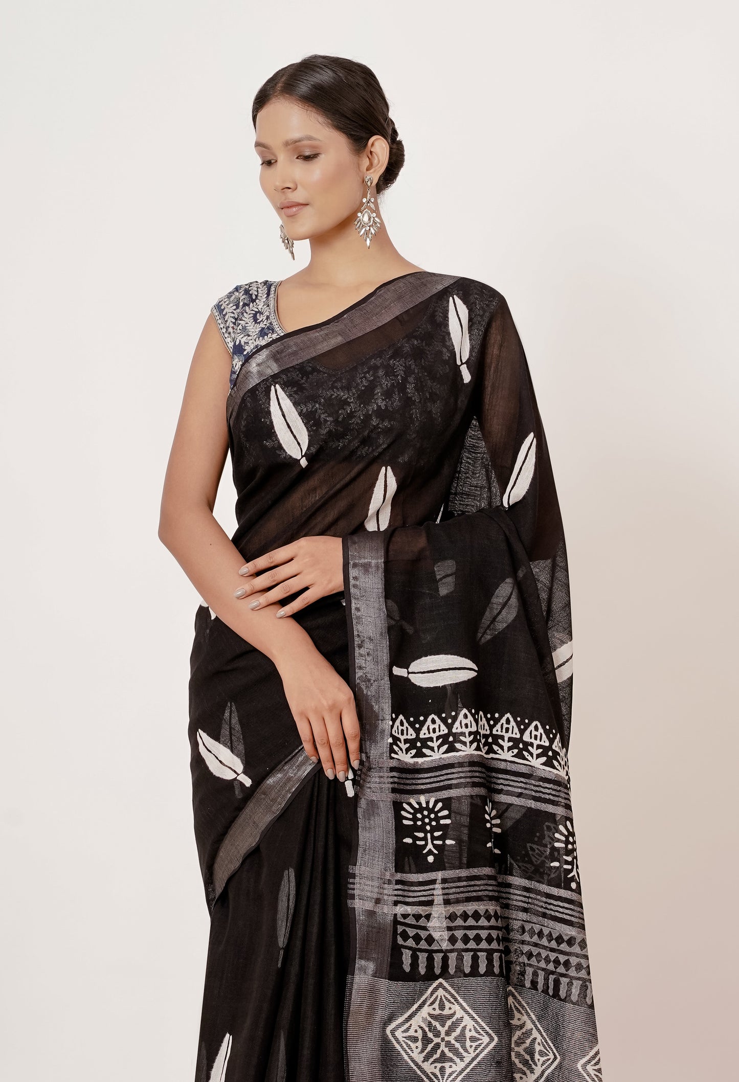 Black Hand Block Printed Linen Sari with Dark Blue Blouse