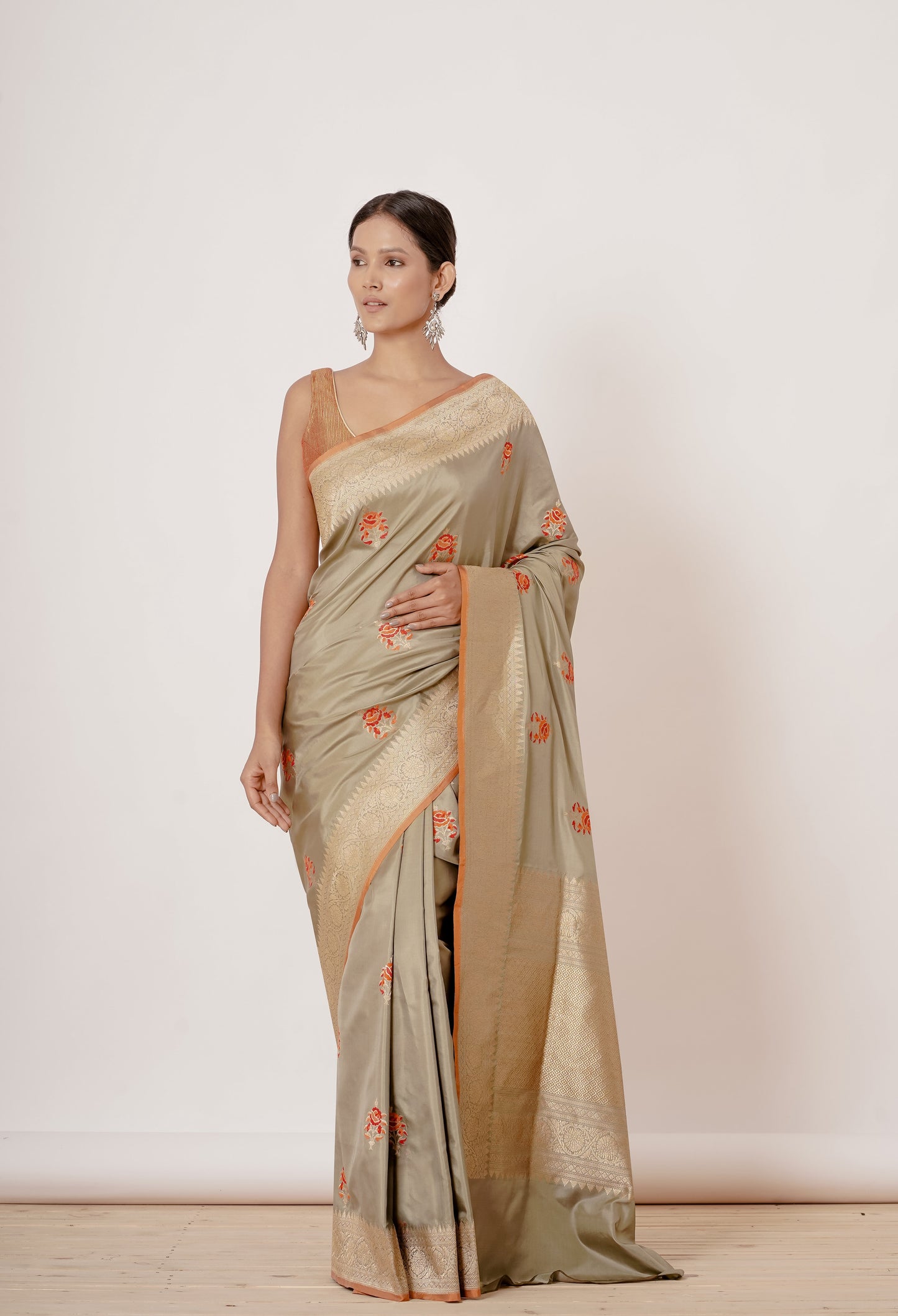 Grey Banarasi Saree with Beige Blouse with all over Quilting in Red