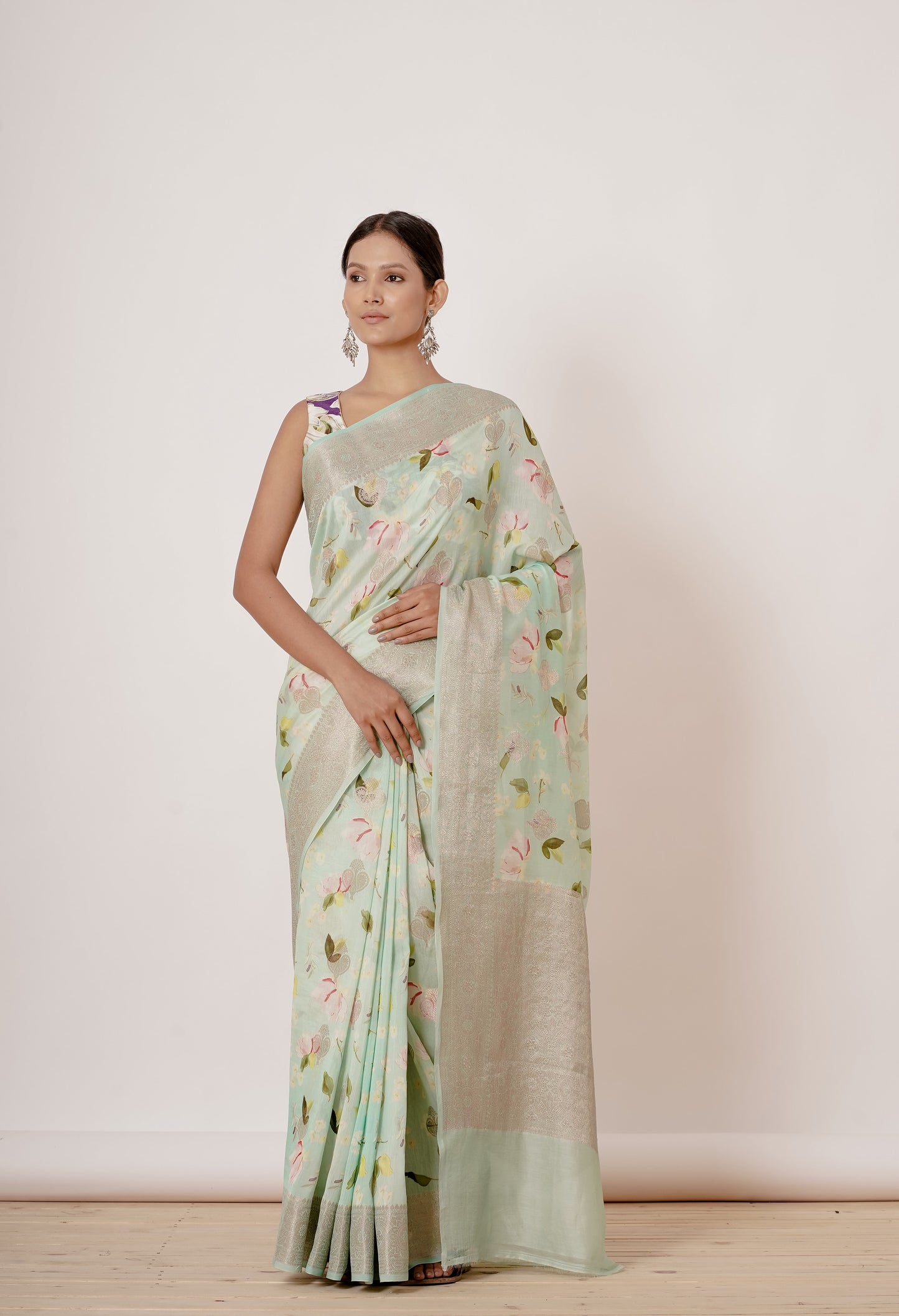 Light Blue All over Digitally Printed Banarasi Silk Saree with Violet Digitally Printed Blouse