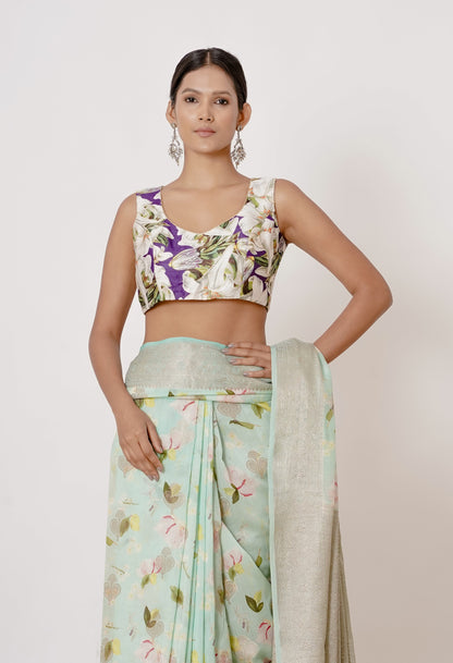 Light Blue All over Digitally Printed Banarasi Silk Saree with Violet Digitally Printed Blouse