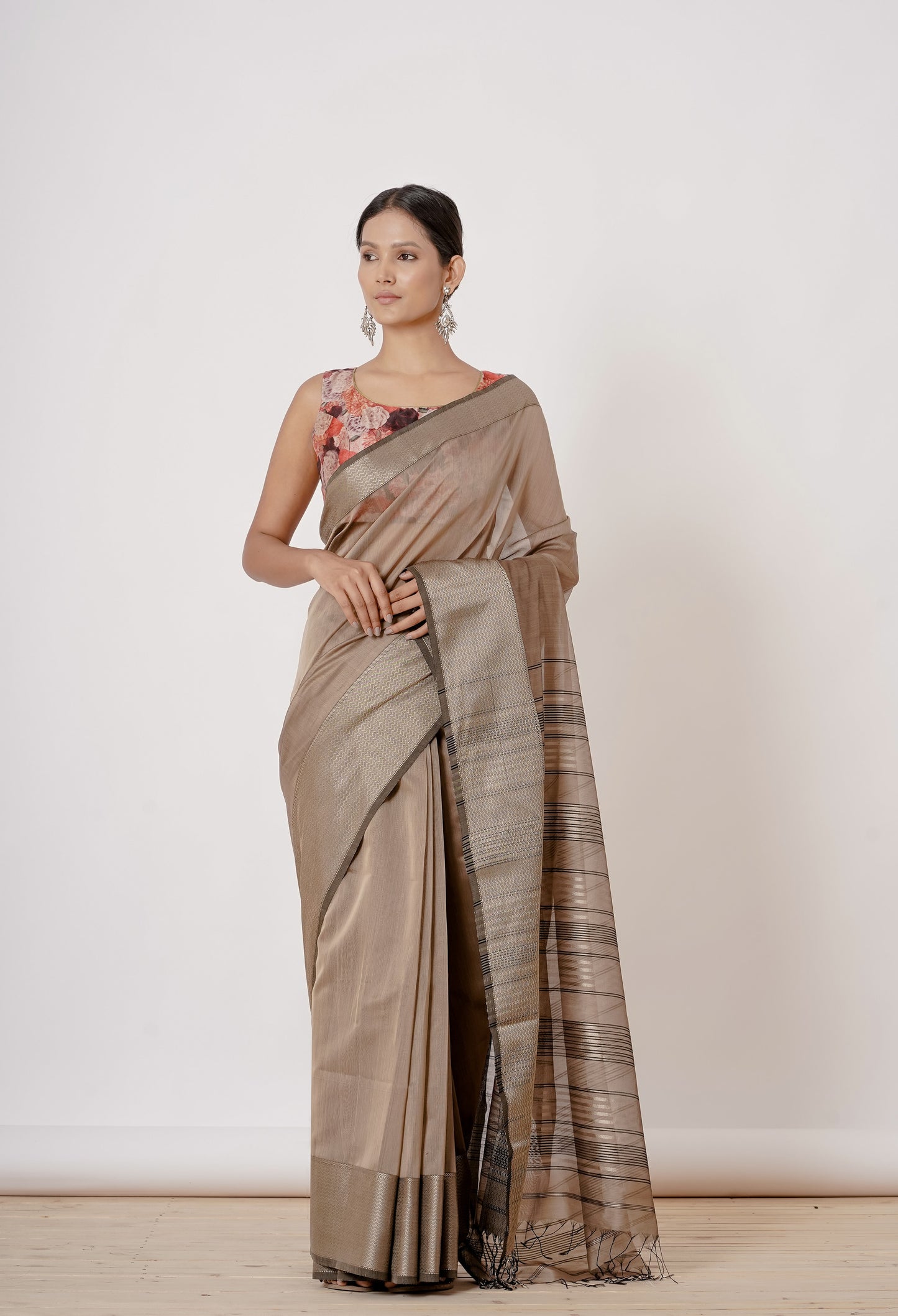 Dusty Gold Maheshwari Silk Saree with Orange Digitally