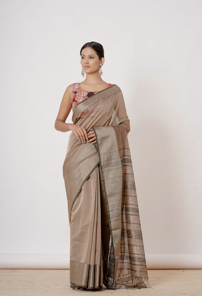 Dusty Gold Maheshwari Silk Saree with Orange Digitally