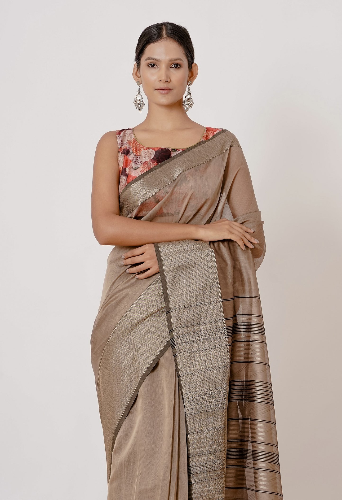 Dusty Gold Maheshwari Silk Saree with Orange Digitally