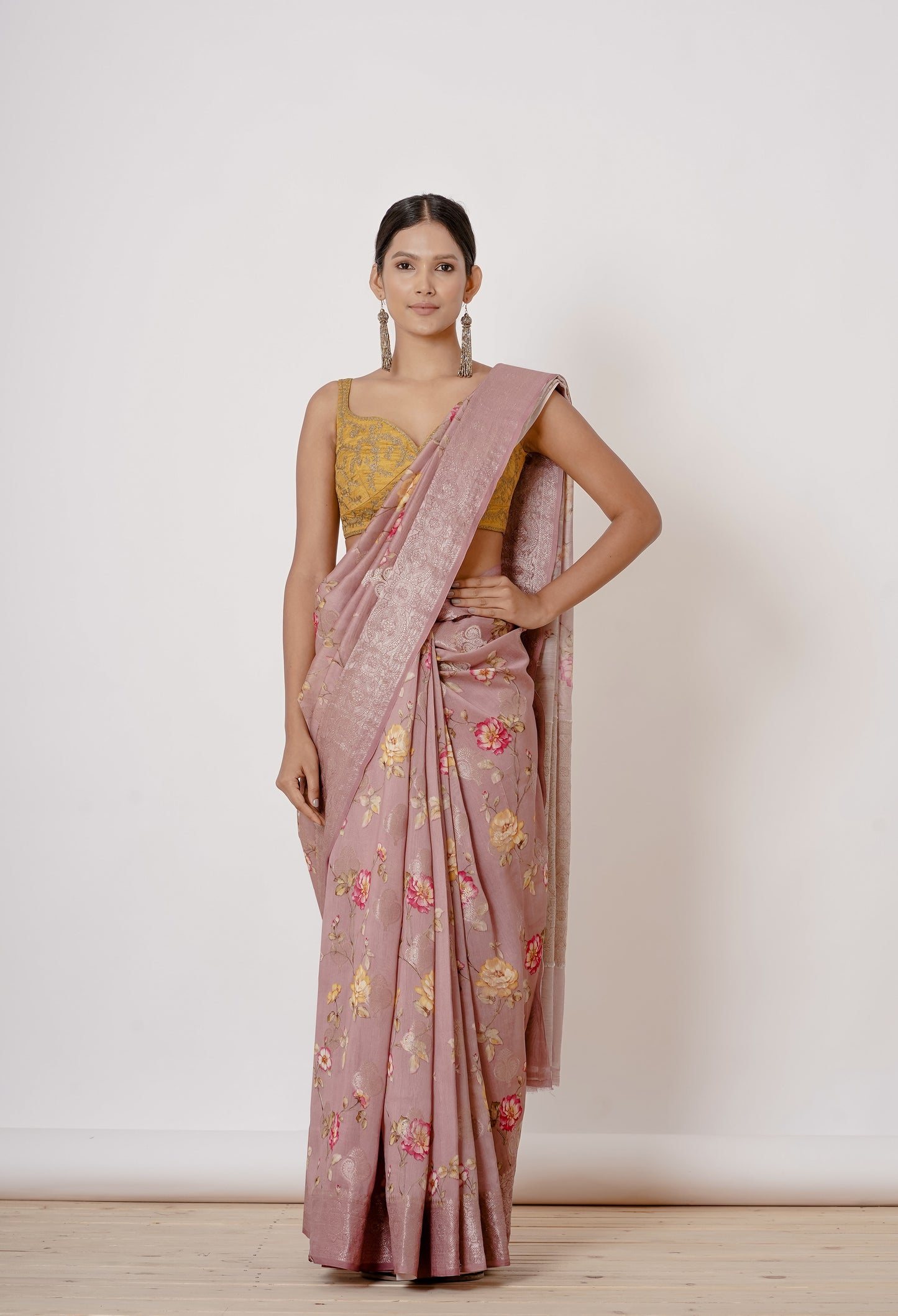 Onion Pink Banarasi Silk Saree with Gold Blouse.