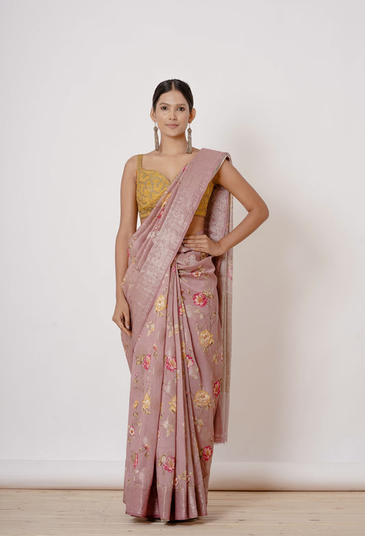 Onion Pink Banarasi Silk Saree with Gold Blouse.