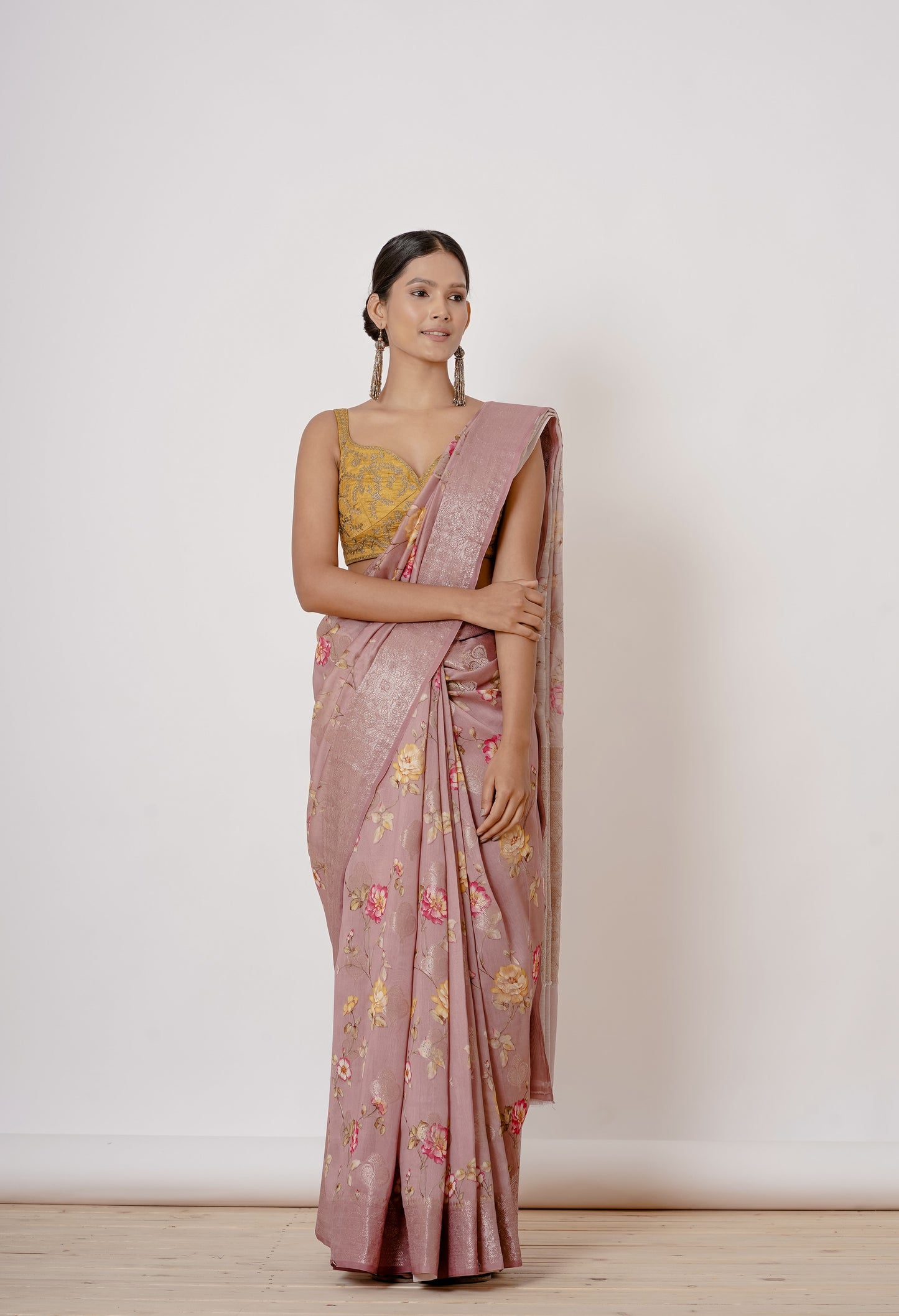 Onion Pink Banarasi Silk Saree with Gold Blouse.