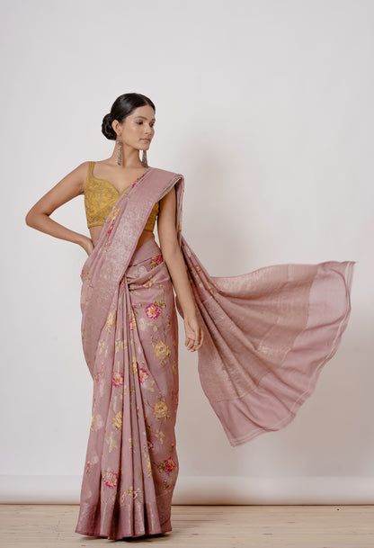 Onion Pink Banarasi Silk Saree with Gold Blouse.