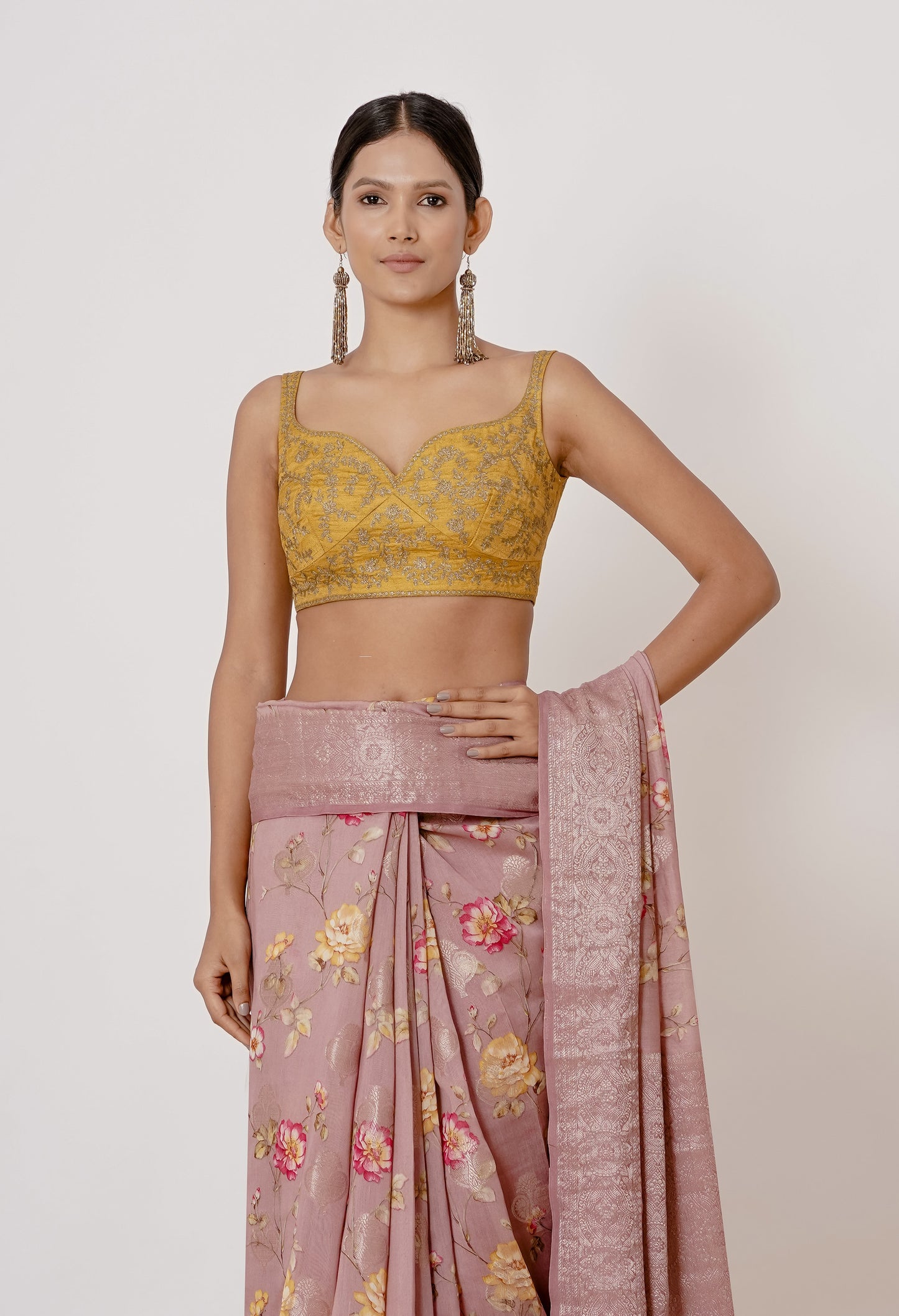 Onion Pink Banarasi Silk Saree with Gold Blouse.