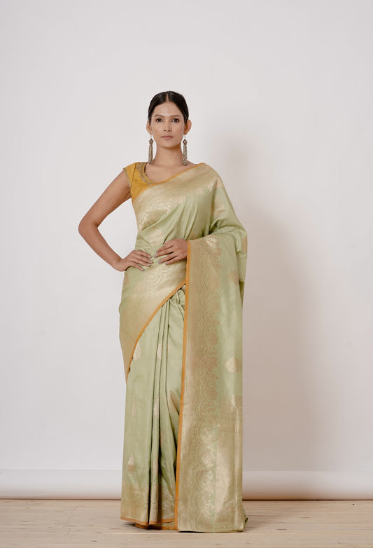 Dusty Pista Green Banarasi Saree