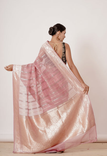 Onion Pink Organza Banarasi Silk Saree with Black Blouse