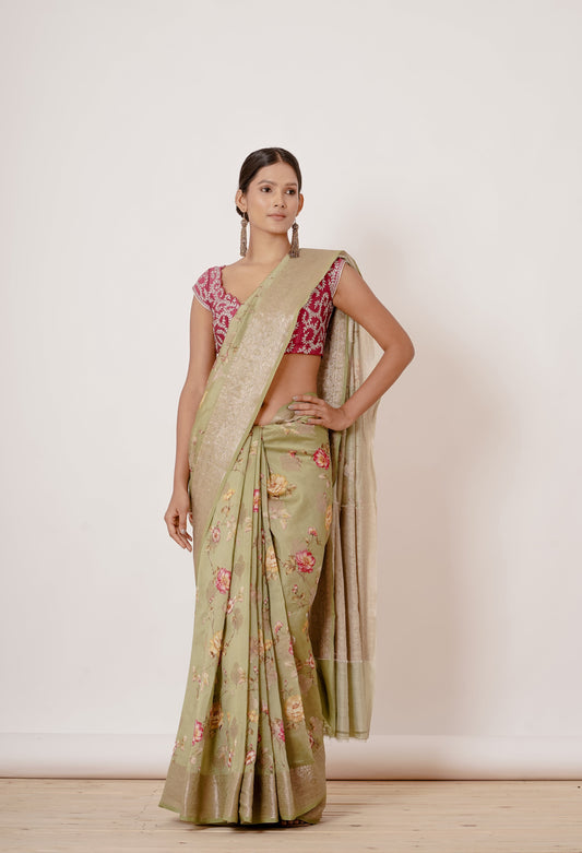 Dusty Green Banarasi Silk Saree with Digital Print all over and Magenta Blouse