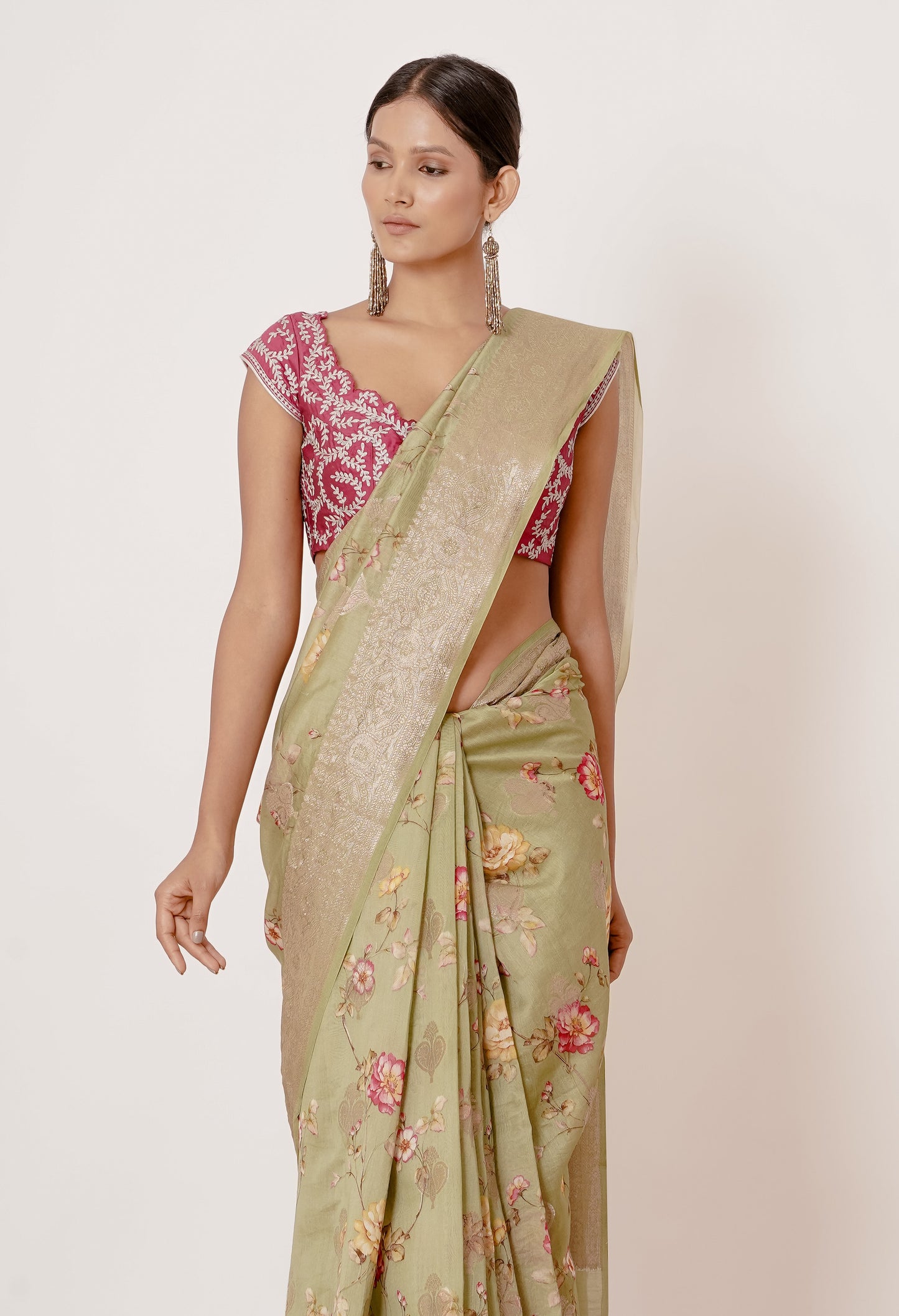 Dusty Green Banarasi Silk Saree with Digital Print all over and Magenta Blouse