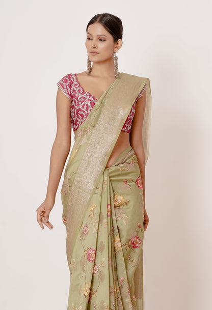 Dusty Green Banarasi Silk Saree with Digital Print all over and Magenta Blouse