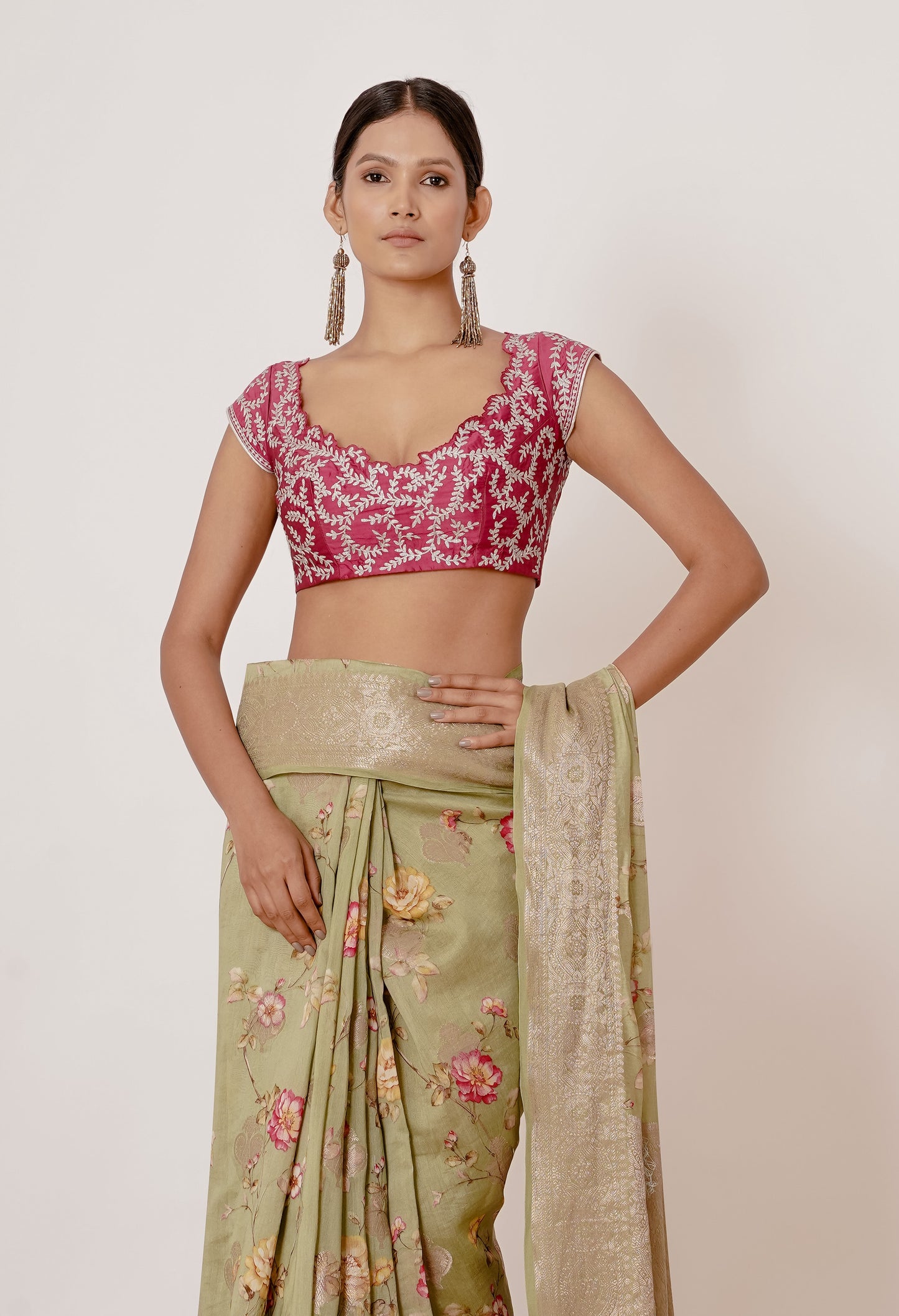 Dusty Green Banarasi Silk Saree with Digital Print all over and Magenta Blouse