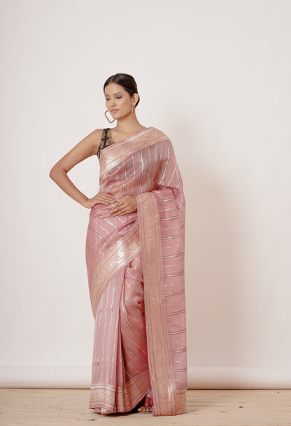 Onion Pink Organza Banarasi Silk Saree with Black Blouse