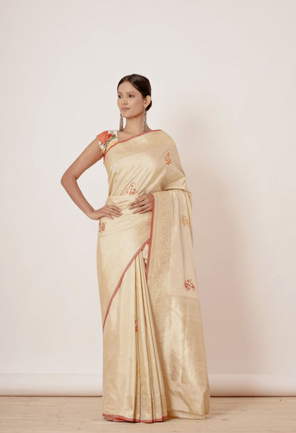 Gold Banarasi Silk Saree with Floral Motifs all over with Digitally Printed Blouse