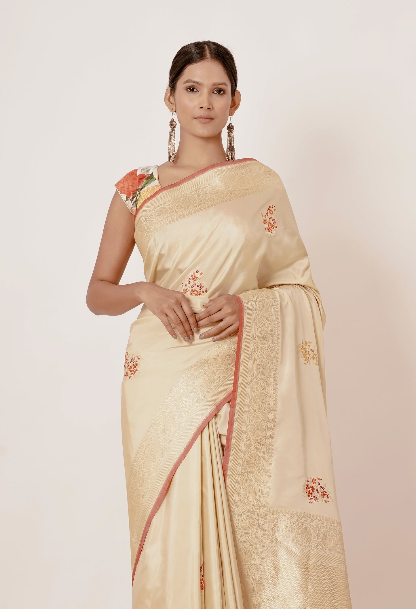 Gold Banarasi Silk Saree with Floral Motifs all over with Digitally Printed Blouse