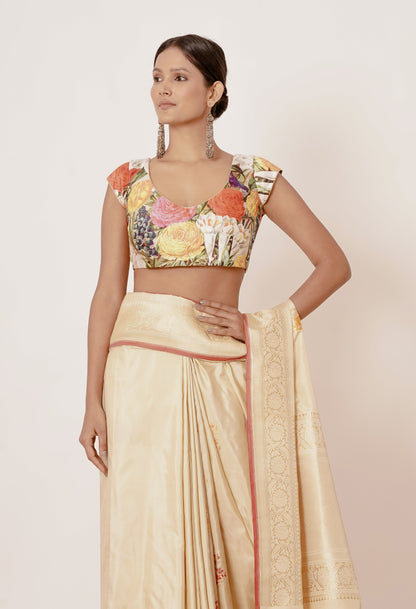 Gold Banarasi Silk Saree with Floral Motifs all over with Digitally Printed Blouse