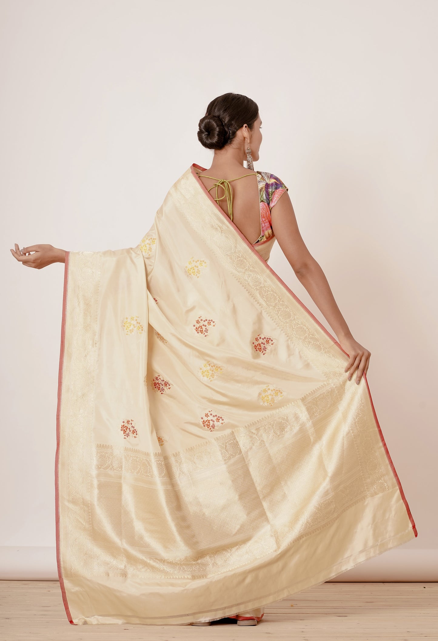 Gold Banarasi Silk Saree with Floral Motifs all over with Digitally Printed Blouse