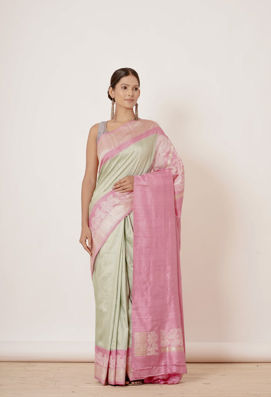 Pista Banarasi Silk Saree with Onion Pink Border