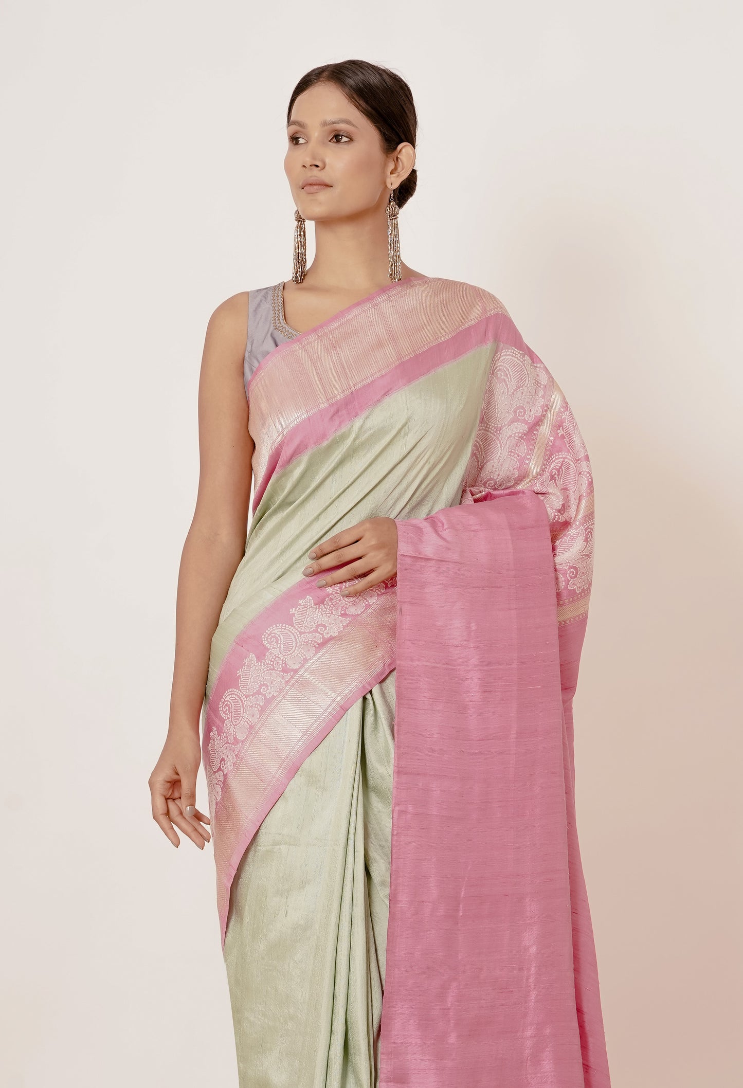 Pista Banarasi Silk Saree with Onion Pink Border